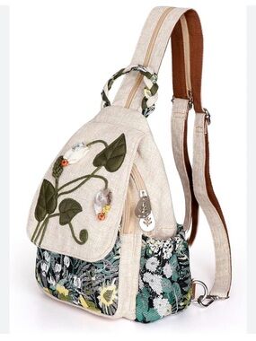 Convertible Sling Backpack - Cream with Green Floral Accents hippie boho bag.